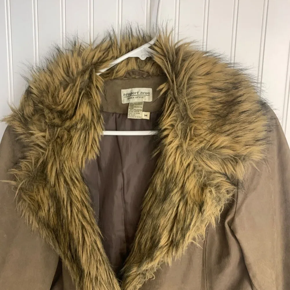 Vintage Newport News Leather Coat Womens M Brown Faux Fur Trim Y2K Boho - Picture 3 of 14